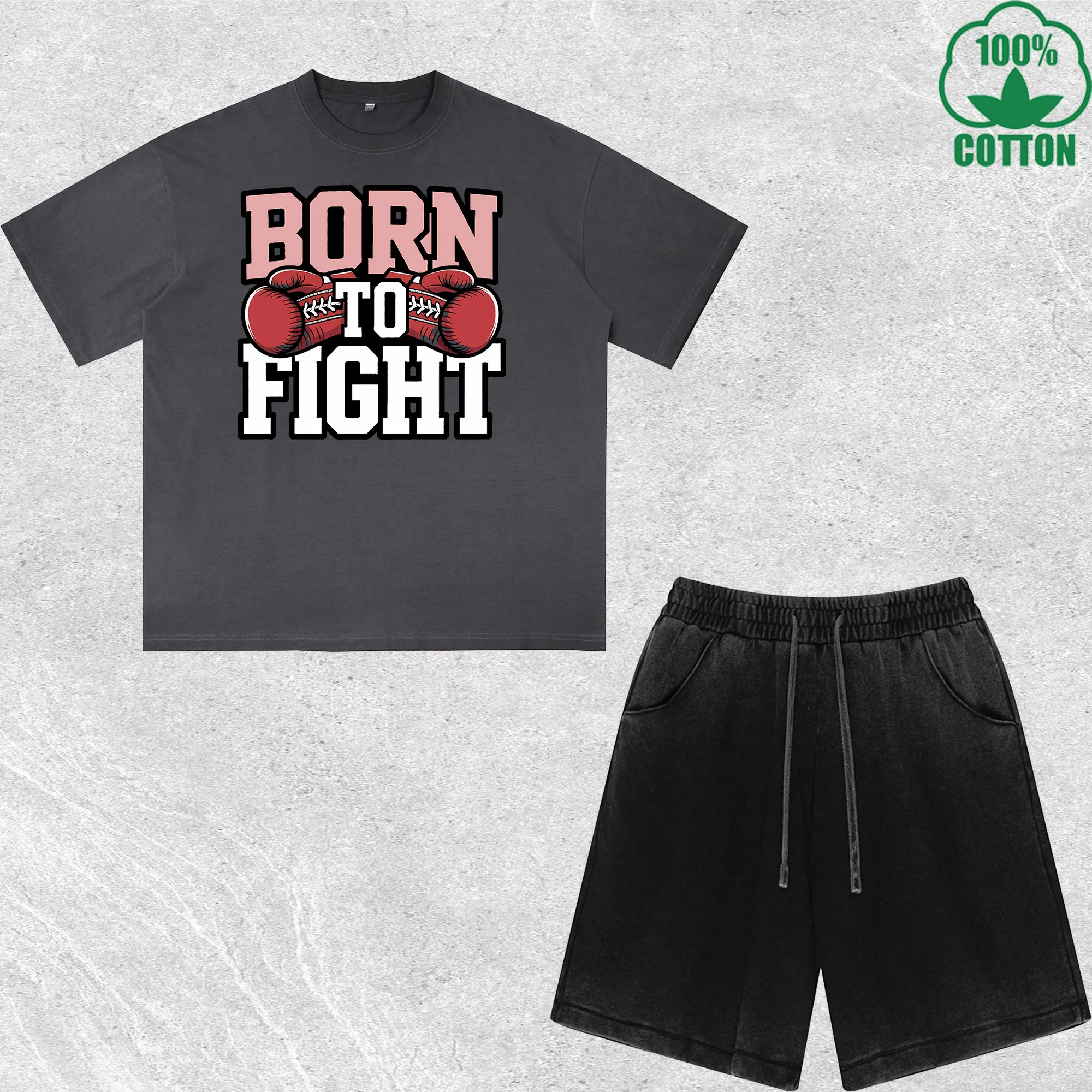 

Born Fight Printed Dirty Wash T-Shirt Shorts Set Multicolor Combo Loose Trendy Fashionable 100%Cotton