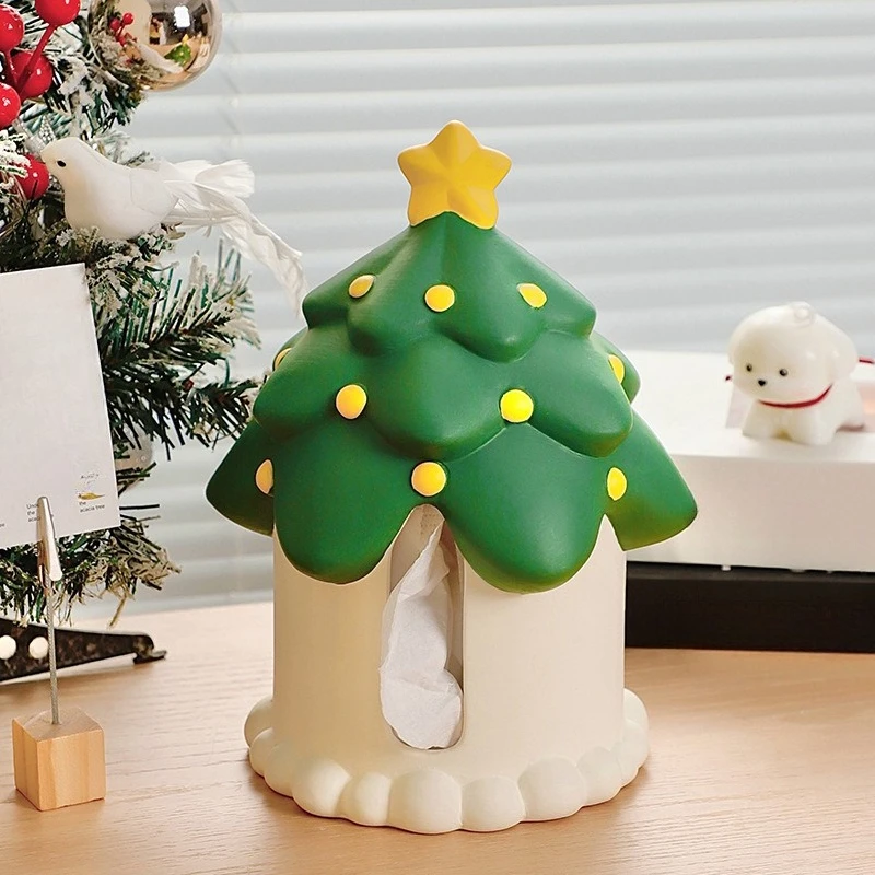 Caja de pañuelos con forma de árbol de Navidad para el hogar, sala de estar, mesa de centro, caja de papel en rollo, caja de servilletas de cerámica con cordón, sensación de alta gama, creativa