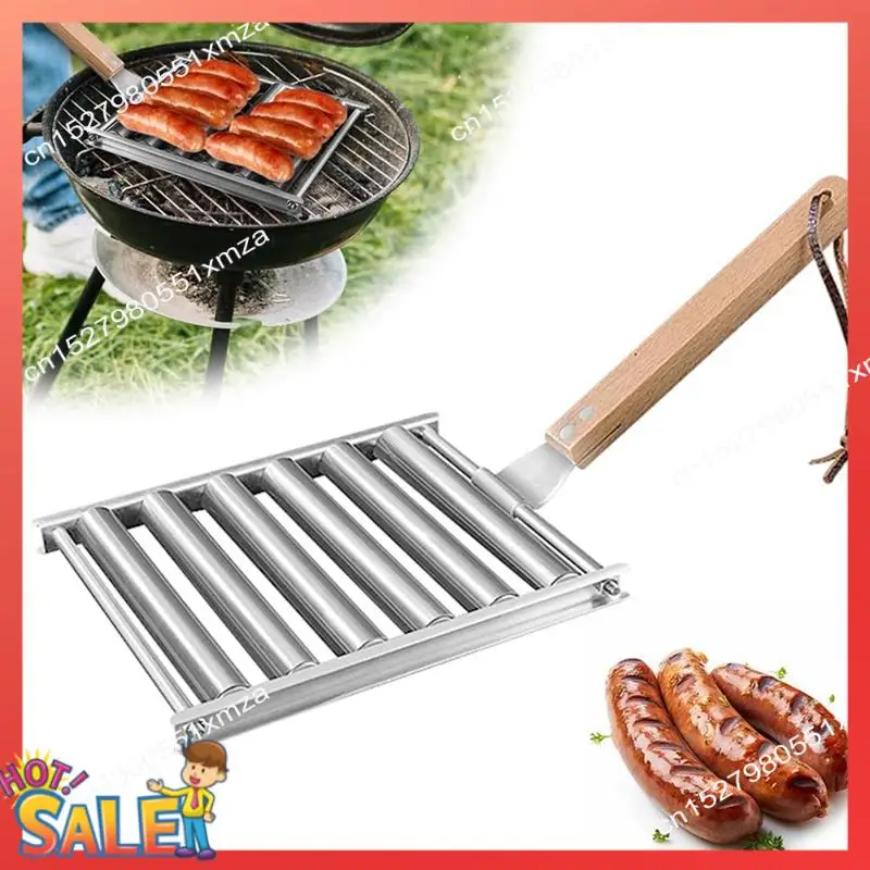 

ABCL Hot Dog Barbecue Roller, Hot Dog Sausage Roller Rack With Extra Long Wooden Handle,Suitable For Outdoor Camping Barbecue