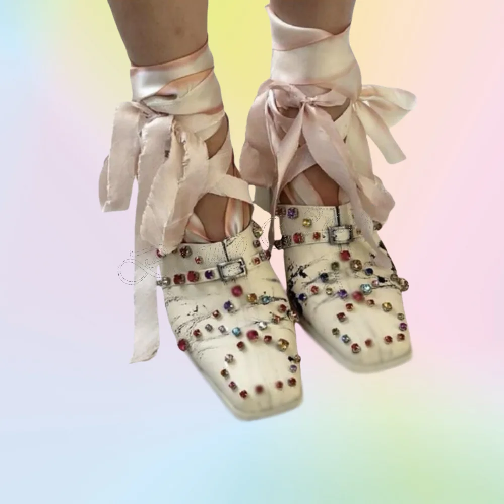 

Beige Crystal Decor Pumps Front Buckle Decor Color Ankle Buckle Shoes Square Heel Shoes for Women 2025 Zapatos Para Mujere
