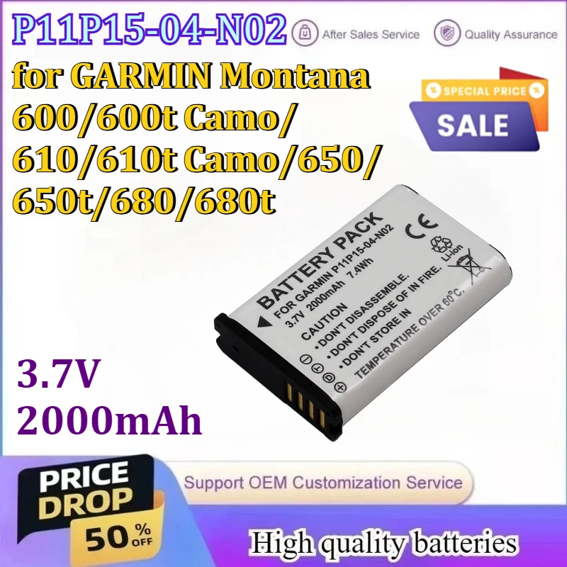 

P11P15-04-N02 3.7V 2000mAh Battery for GARMIN Montana 600/600t Camo/610/610t Camo/650/650t/680/680t Sports Camera Battery