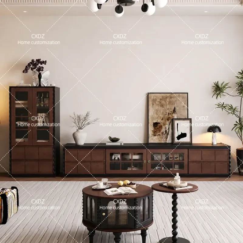 French Retro Solid Wood TV Cabinet Antique Coffee Table Sideboard Floor to Ceiling Entertainment Center Storage Unit for