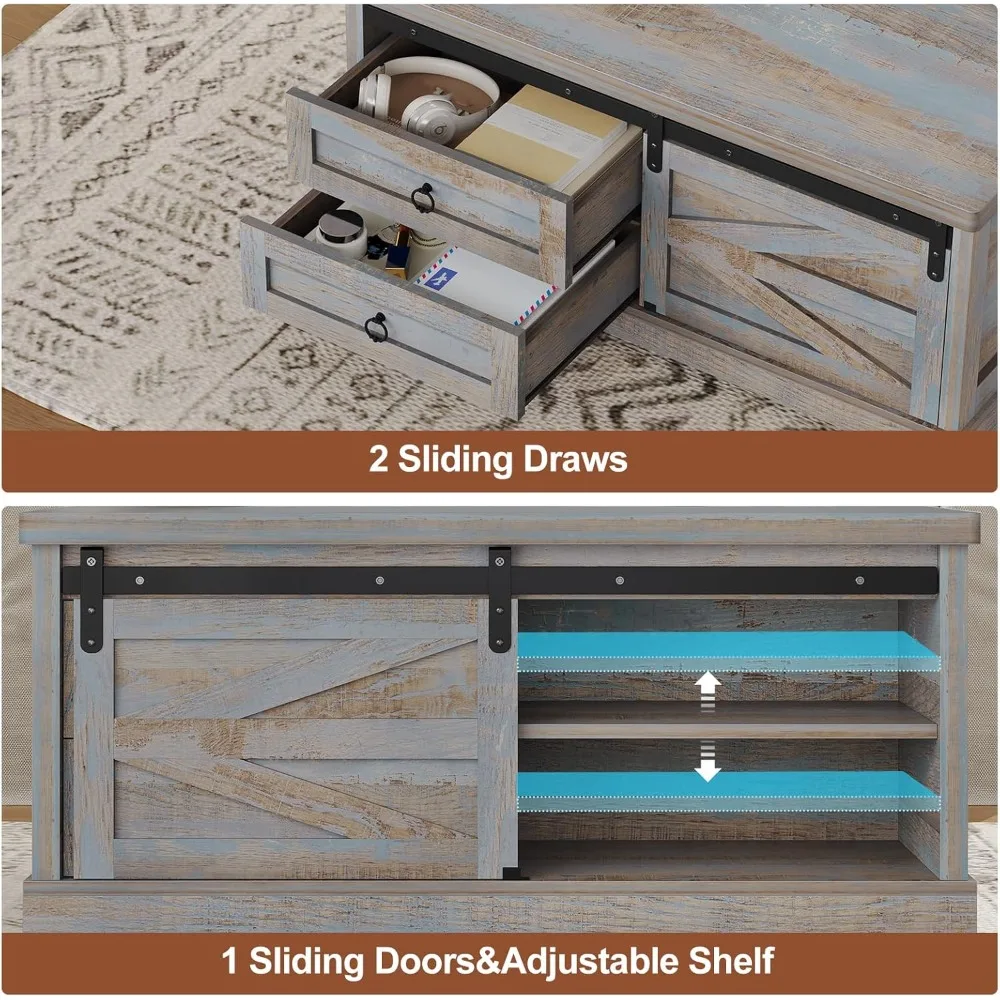 Meja Kopi Lipat 39,4'' dengan Penyimpanan, Meja Kopi Gaya Farmhouse untuk Ruang Tamu, Meja Kopi Persegi dengan Penyimpanan Besar