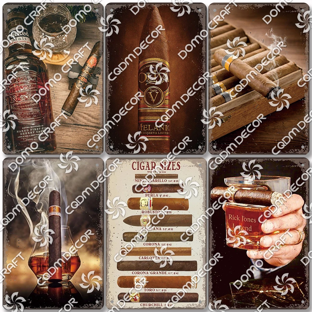 Whiskey Cigars Plaque Metal Tin Signs, Cuba Cigar Poster Metal Plates, Bar Pub Gentlemen Club Dining Room Wall Art Decor
