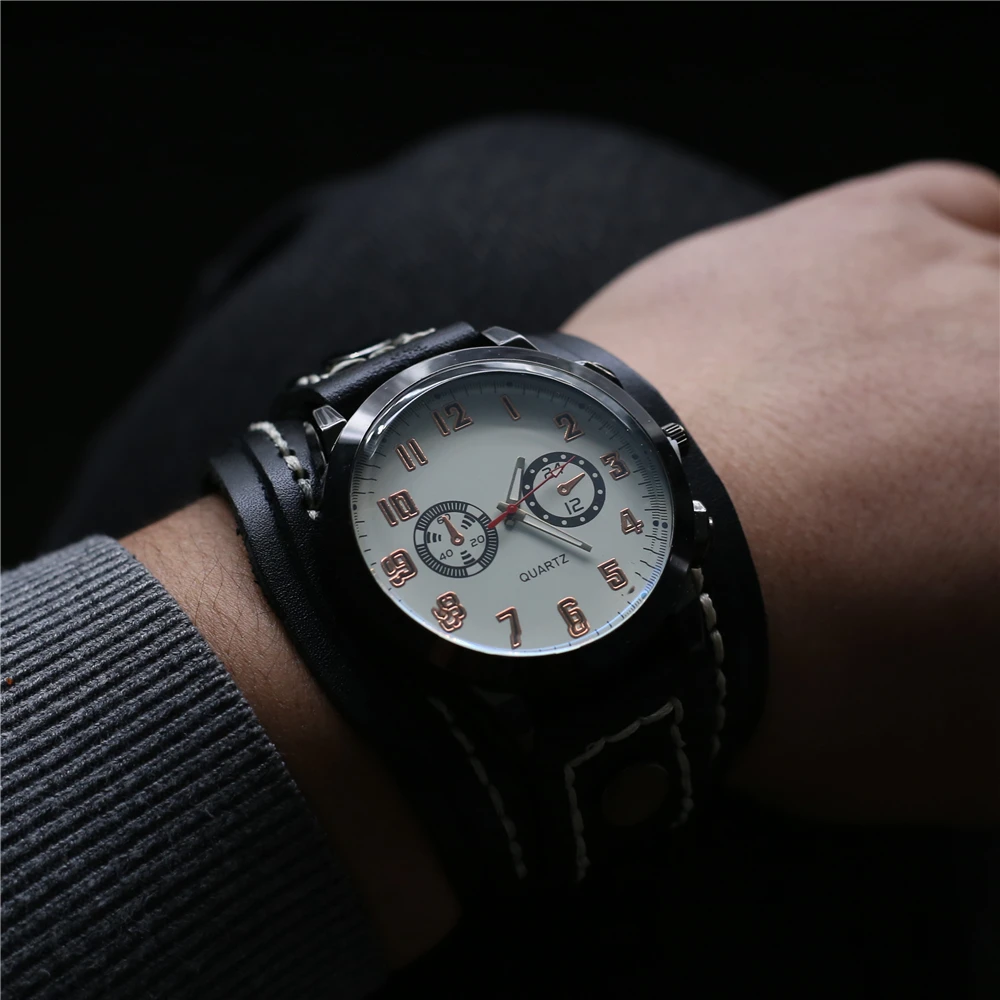 Punk Electronic Pointer Quartz Watch Bracelet Men Brown Black Wide Genuine Leather Belt Strap Homme Male Jewelry