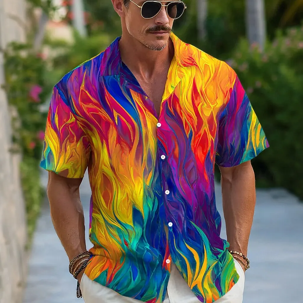

Men's Colorful Flame Abstract Art 3D Print Shirt, Short Sleeve Button Up Turndown Collar, Fashion Beach Casual Wear for Summer