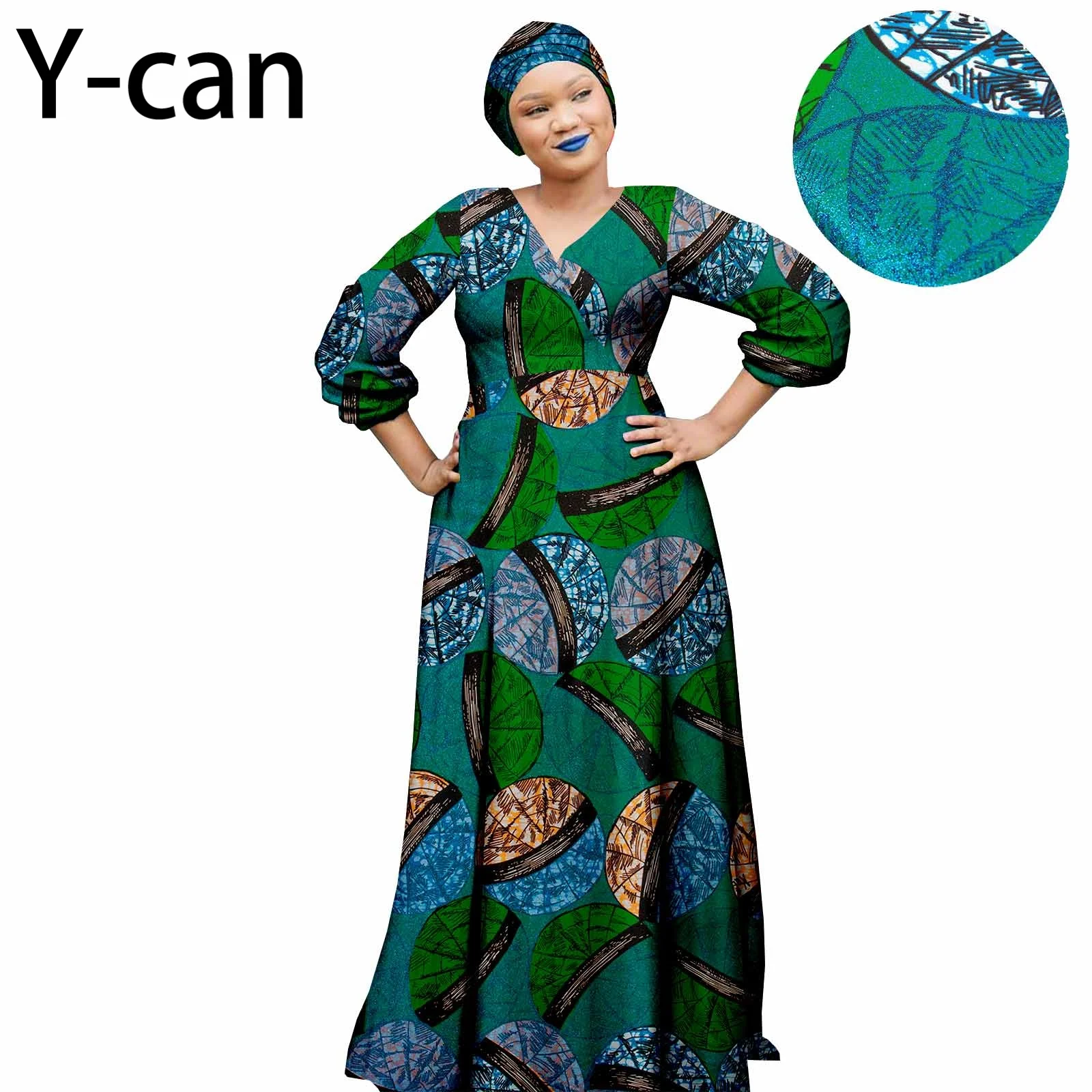 

African Dresses for Women Dashiki Ankara V-neck Long Grom with Headwrap Headwear Bazin Riche Outfits Evening Wedding Y2225017