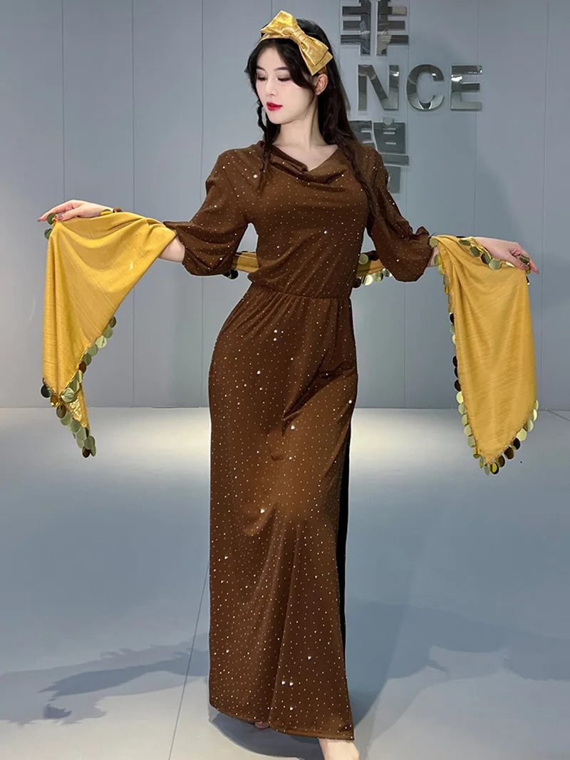 Women Belly Dance Wear Professional Suit Female Split Long Dress Folk Robe Headscarf 3pcs Girl Oriental Belly Dancing Suit