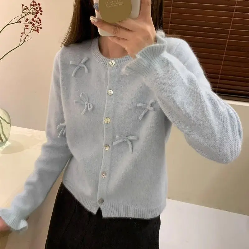 Korejpaa Knitted Cardigan 2024 Spring New Sweet Round Neck Sweater Coat Knitwear Bow Flare Sleeve Solid Korean Fashion Tops