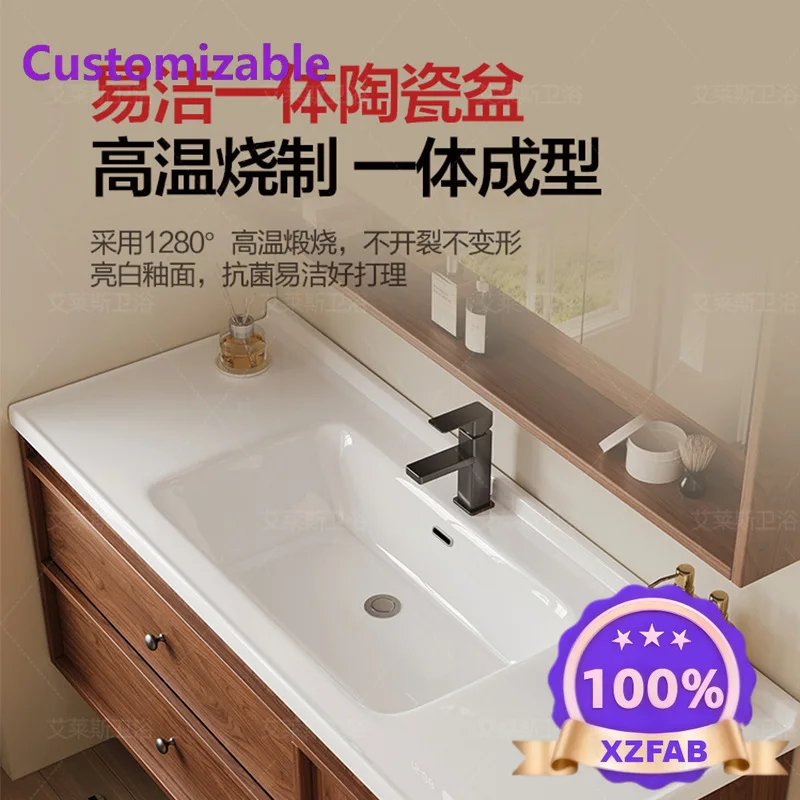 Factory Direct 2026 New medieval walnut ceramic integrated basin bathroom cabinet combination bathroom washstand hand washbasin