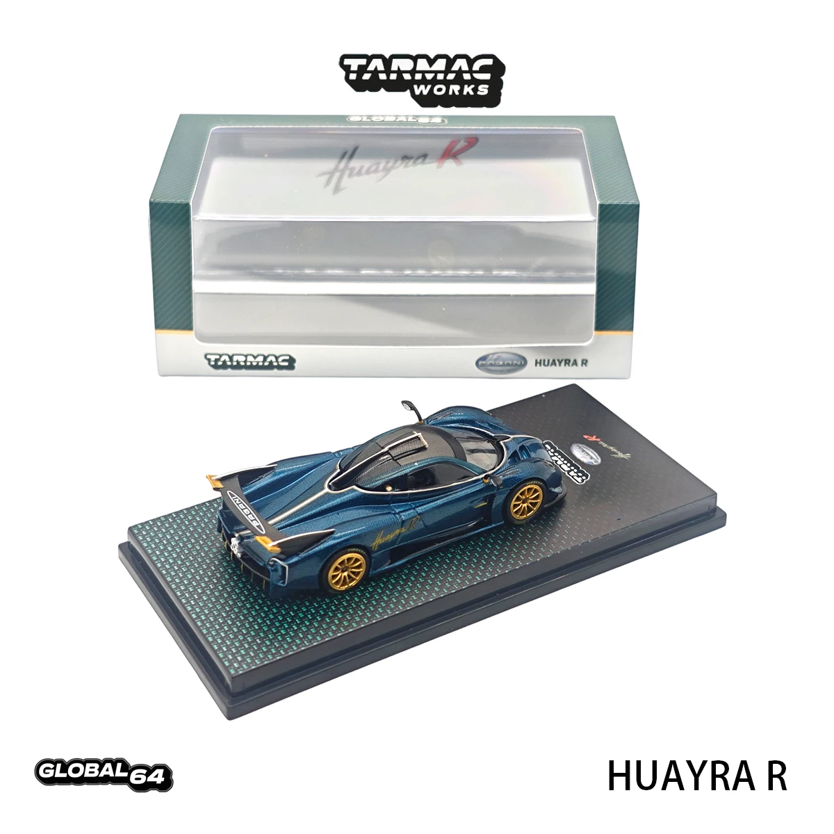 Tarmac Works GLOBAL64 T64G-TL035-TCF 1:64 Pagani Huayra R Metallic Woven Carbon Blue Track Hypercar Diecast Model Car In Stock view 2