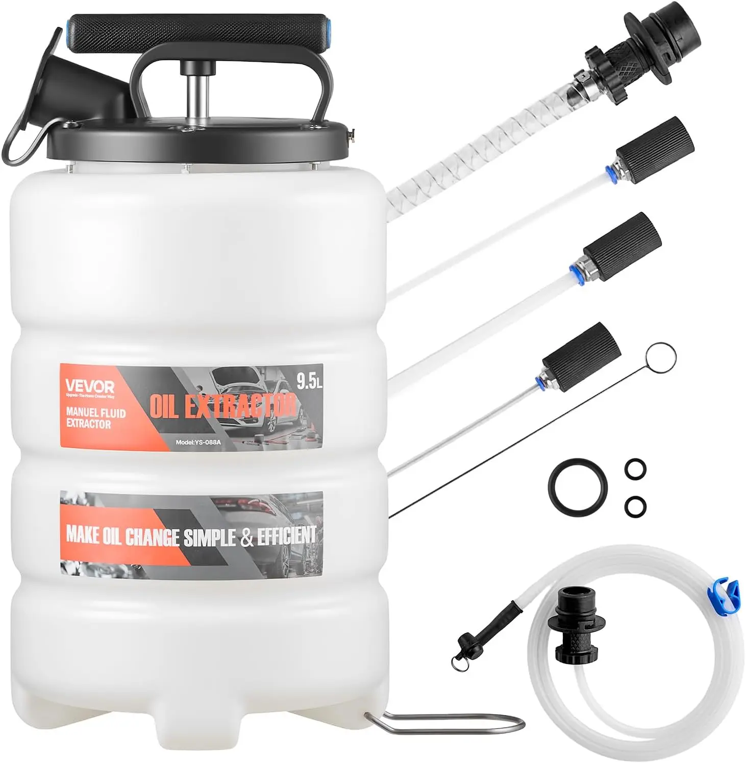 Fluid Extractor, 9.5 L Capacity, Manual Vacuum Oil Extractor Pump with 59 in Long Horse & Three 47 in Extension Tubes, Oil Chang
