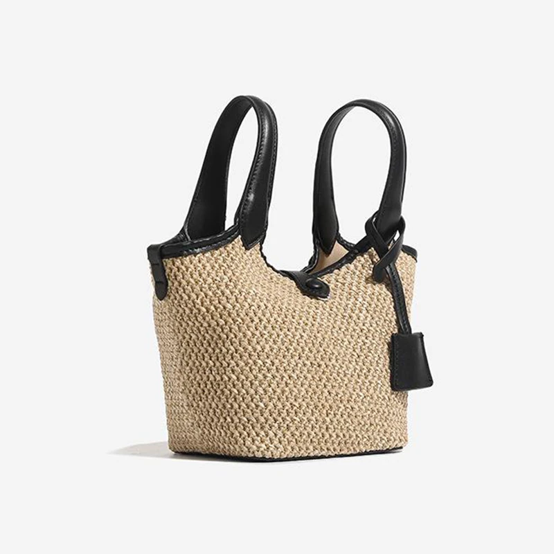 

Korean Fashion Straw Basket Bag Magnetic Buckle Design Pendant Bucket Bag Beach Vacation Style Women's Handbag Crossbody Bag
