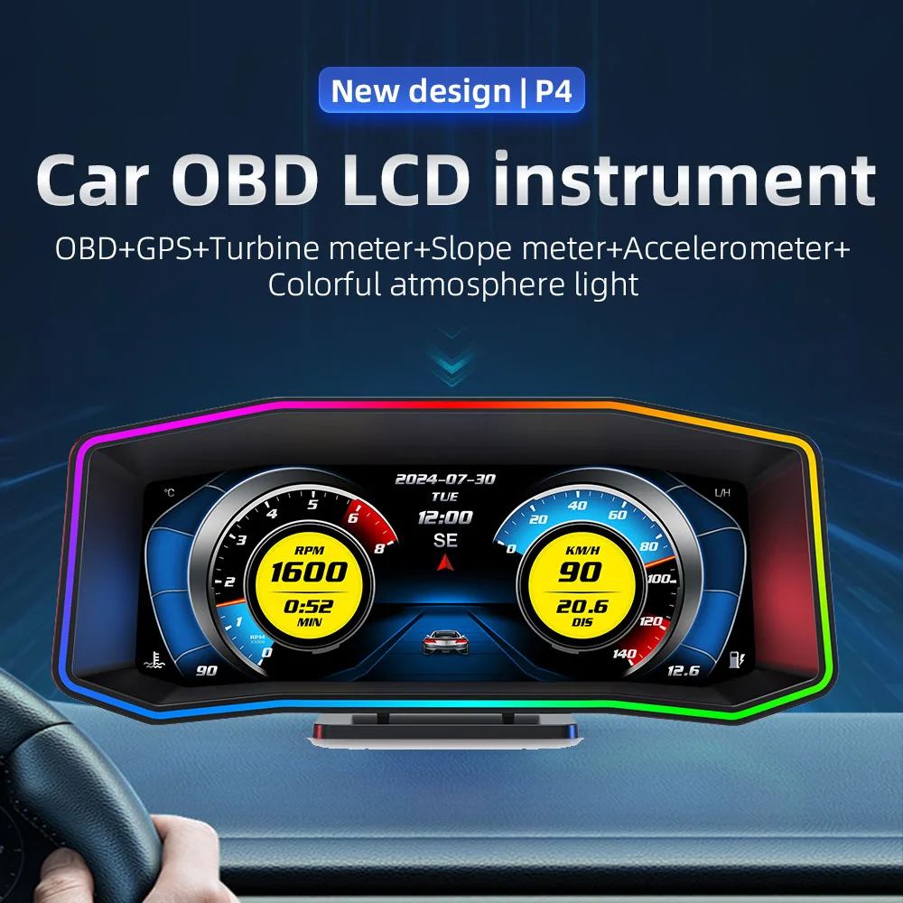 P4 Car Head Up Display OBD+GPS HUD Digital Speedometer Tachometer Water Temperature Volt Overspeed Turbo Pressure Alarm Custom