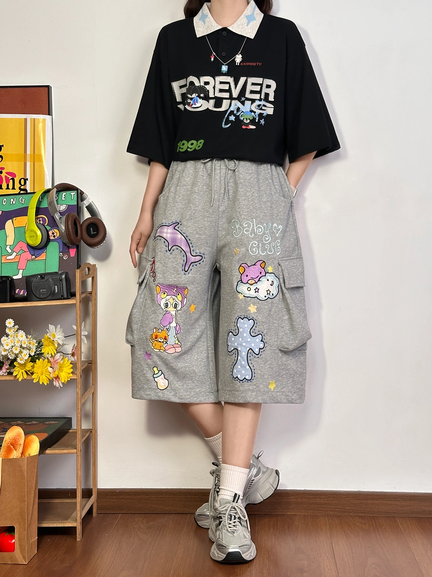 

Original American Retro Cartoon Seven-Quarter Shorts Women's Summer Loose Wide Leg Casual Pants Breathable Cotton Street Style