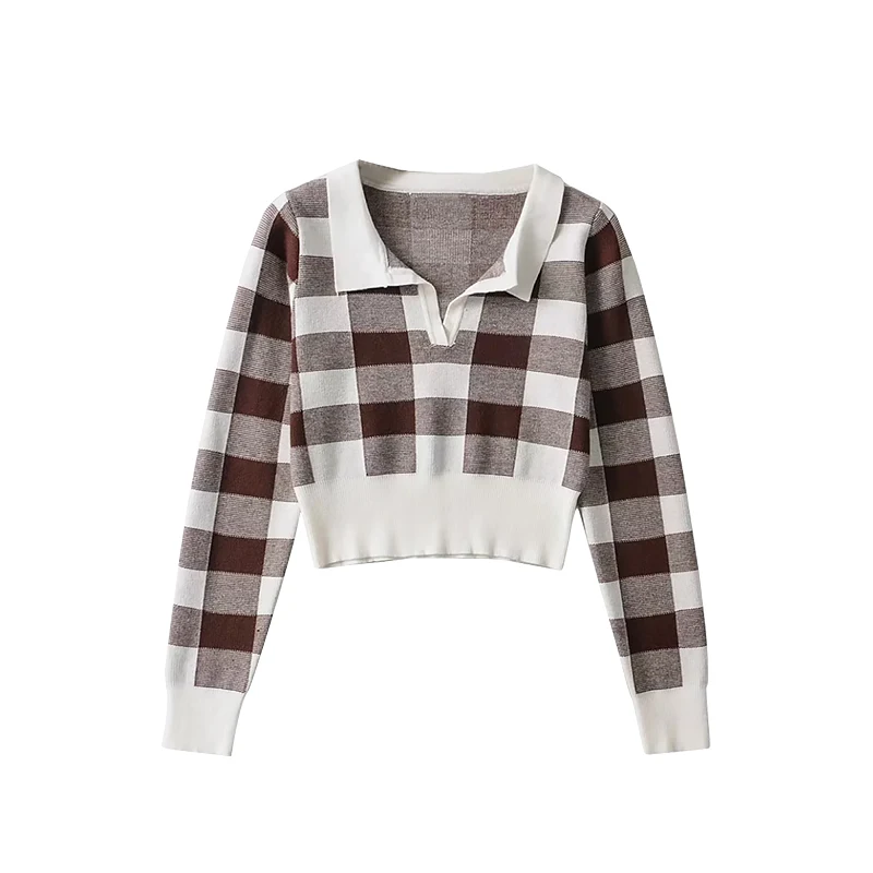 Plaid Lapel Short Knit Pullovers Women Spring Fall American Casual Slim Long Sleeve Sweaters Tops 4 Colors