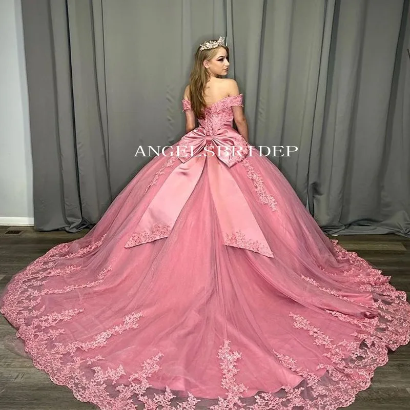 Angelsbridep Pink Ball Gown Quinceanera Dresses 15 Year Old Party Formal With Big Bow Lace Appliques Birthday Princess Gown