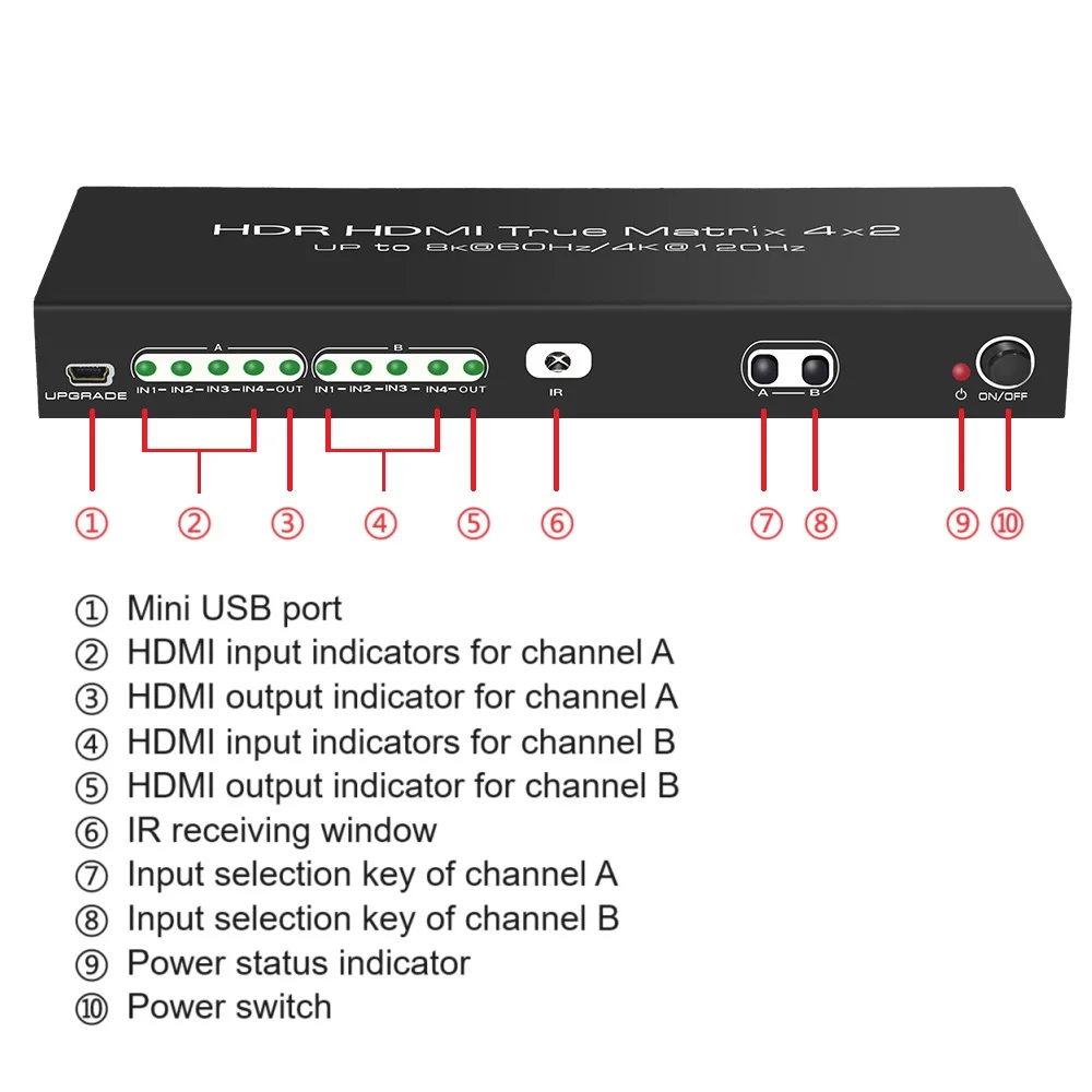 8K 60Hz HDMI-Compatible Swither 4 In 1 Out Splitter Matrix 4x2 Audio Extractor Dolby Vision ALLM VRR HDR10+ for PS5 XBOX HDTV