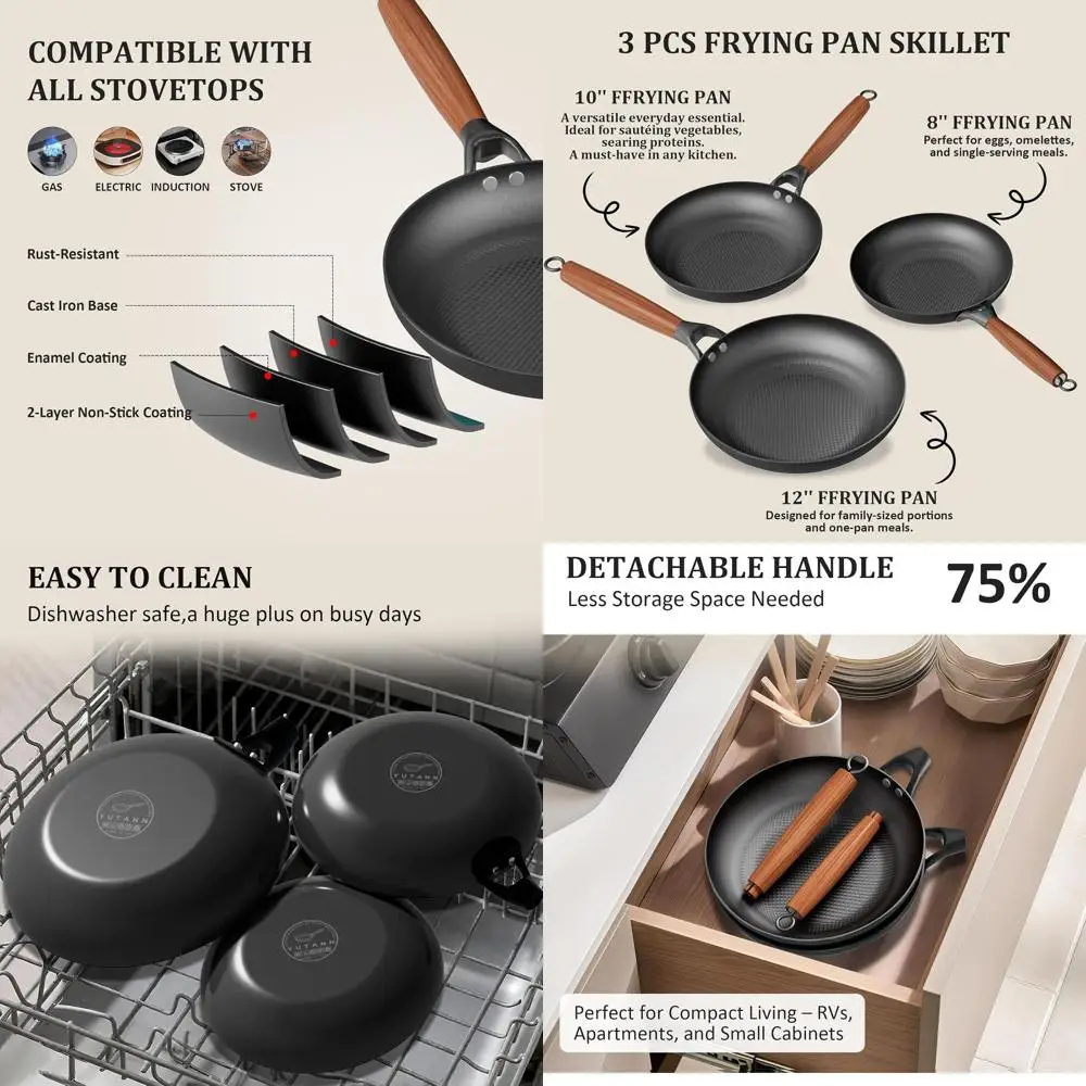 

Ceramic Nonstick Frying Pan Set, 8, 10, 12, Pre-Seasoned Cast Iron, Removable Handle, Dishwasher Safe, PFAS & PFOA Free, Suitabl