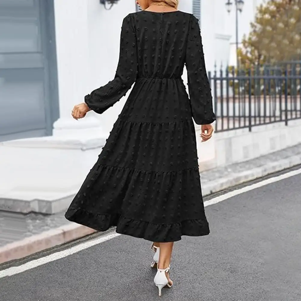 Fall Weather Dress Elegant A-line Midi Dress with Lantern Sleeves Dot Applique Detail for Fall Winter Women's Fashion Bohemian