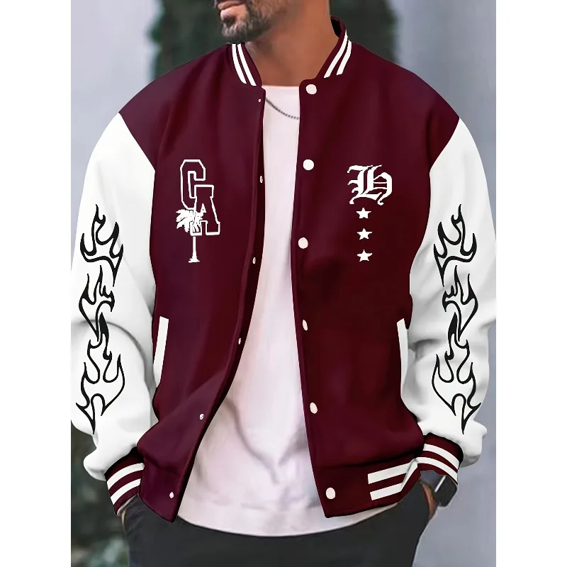 Men's casual color blocked button jacket,suitable for lightweight spring and autumn campus baseball uniforms, hip-hop rock style