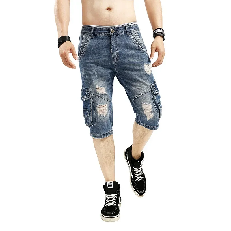 Summer Mens Retro Cargo Denim Shorts Vintage Acid Washed Faded Multi-Pockets Military Style Biker Short Jeans for Men