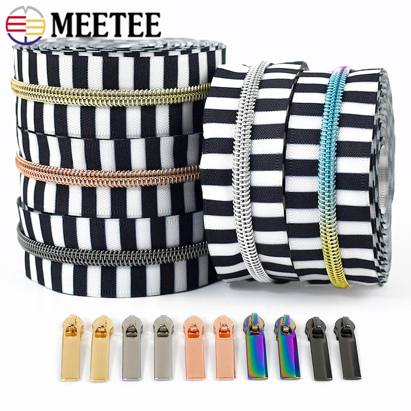 2/5/10/20Meters 5# Stripe Nylon Zipper Tapes With Sliders Heads Bags Jacket Backpack Decor Zip DIY Repair Kit Sewing Accessories