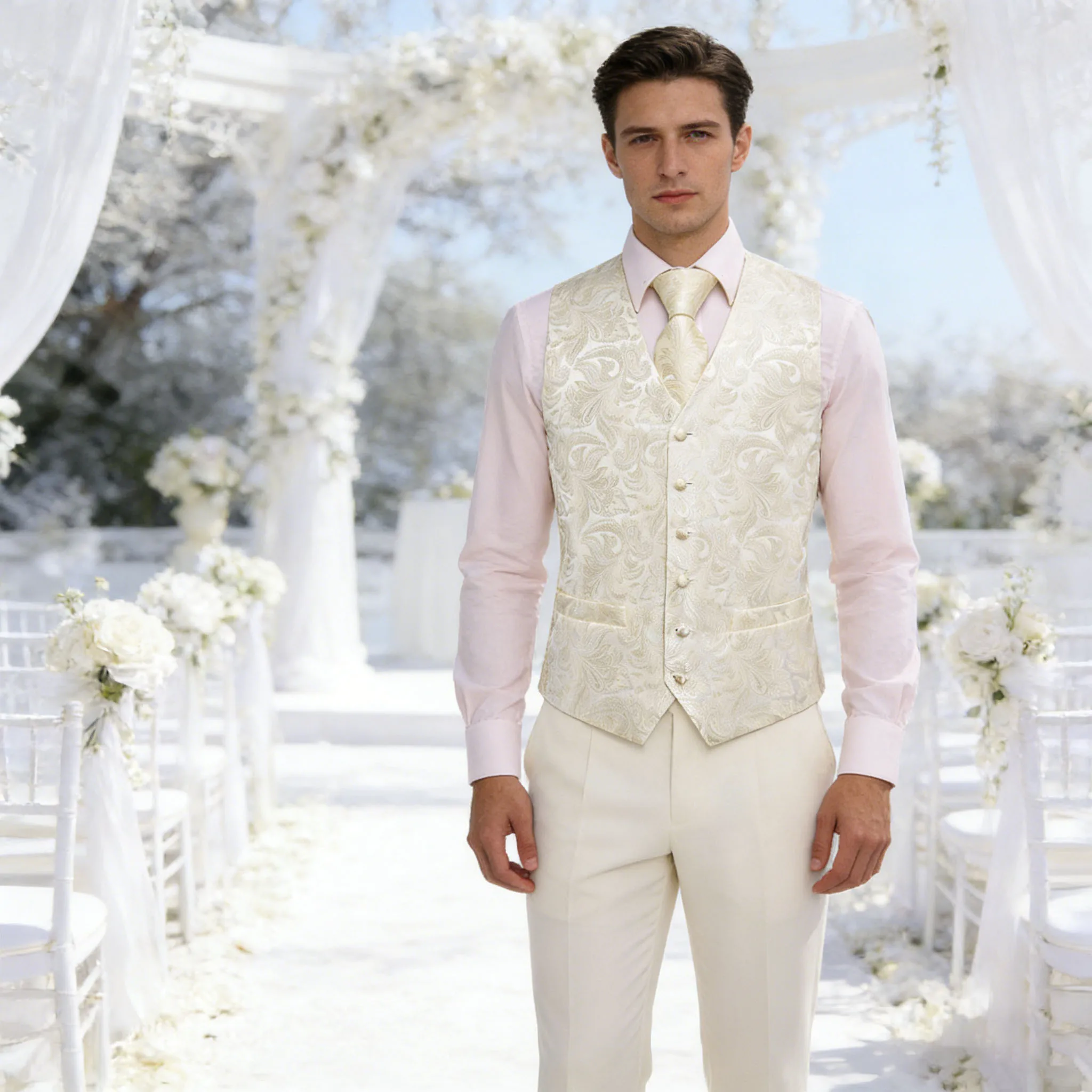 

Mens Beige Suit Vest Tie Hanky Cufflinks Set Paisley Plain Waistcoat Sleeveless Jacket Necktie for Male Wedding Busniess