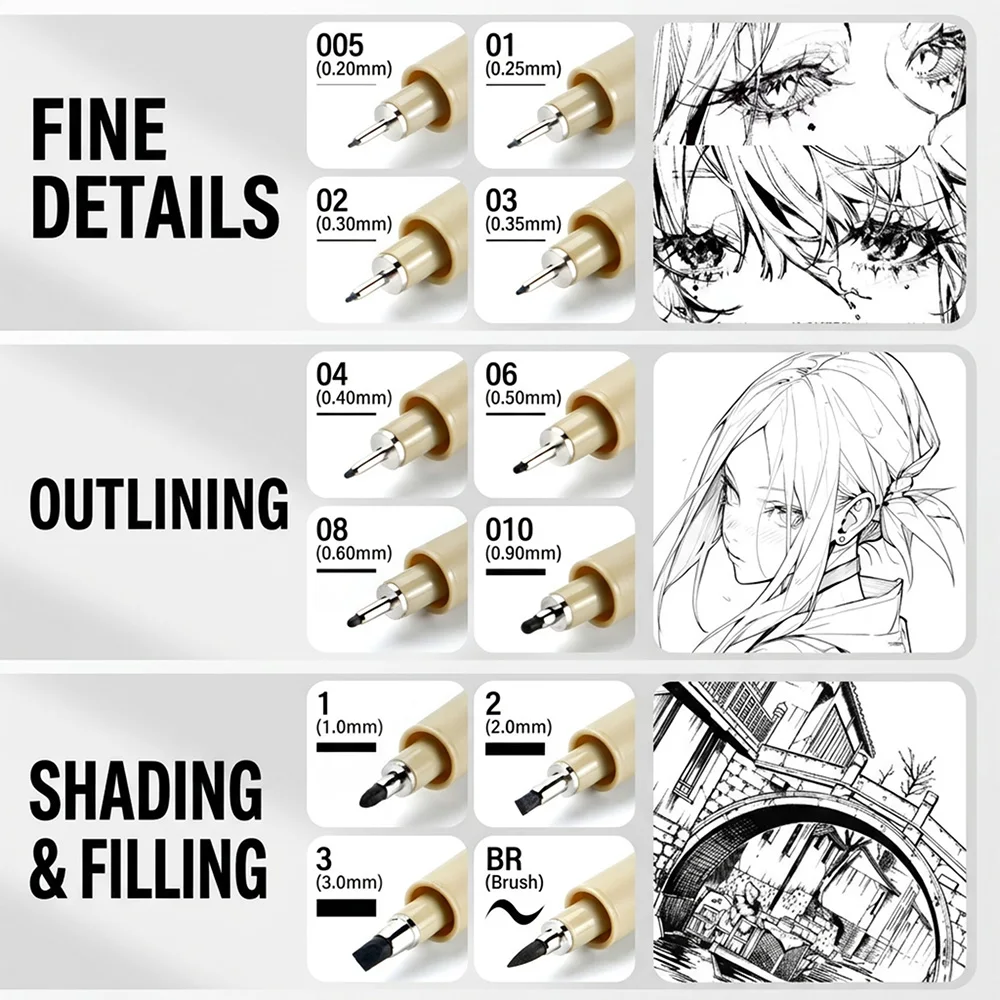 6/9/12 Pcs Manga Black Fineliner Markers Professional Drafting Illustration Sketch Waterproof Fast-Drying Micro Line Drawing Pen School Office Art DIY Supplies view 3