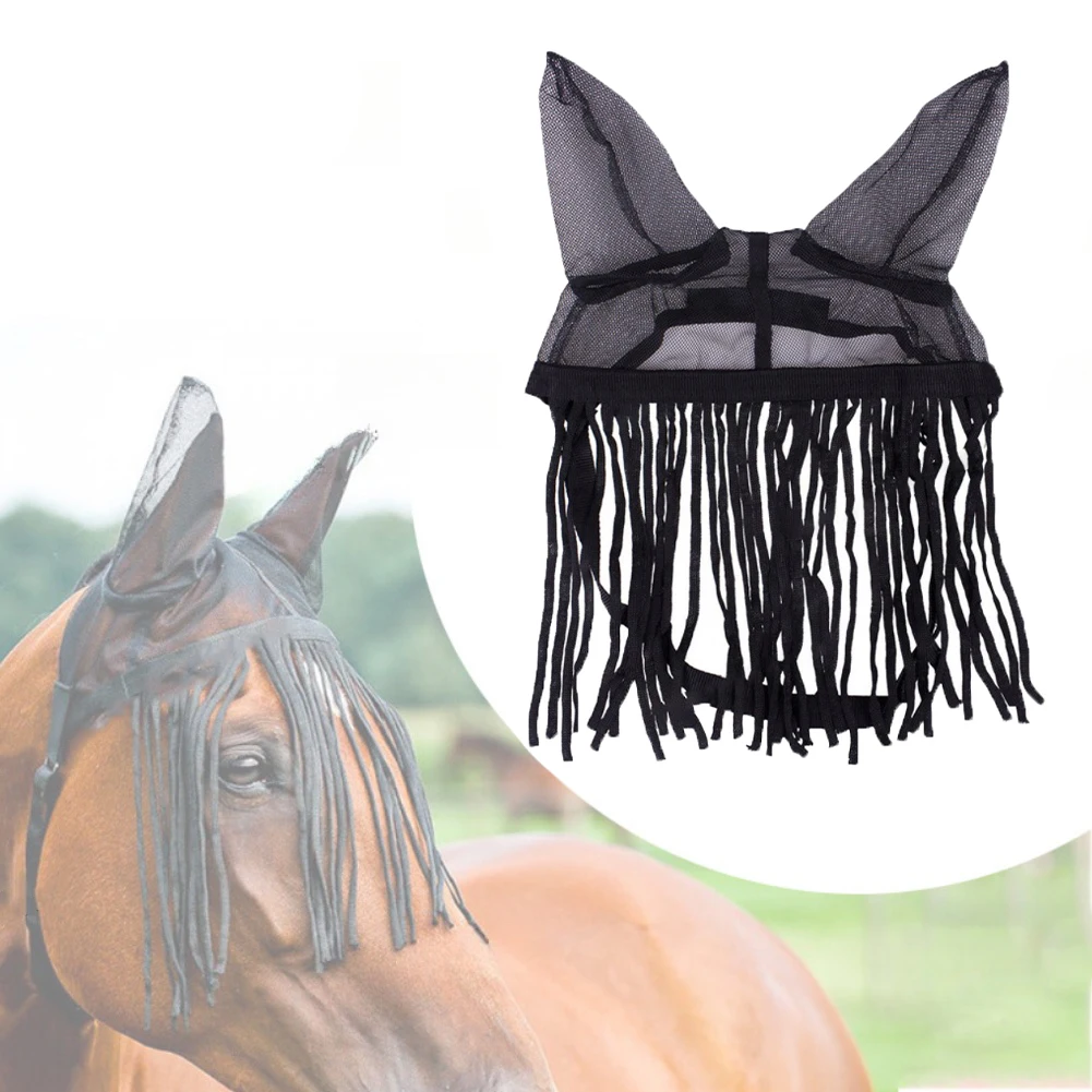 Breathable Horse Fly Cover With Tassels Adjustable Equestrian Horsewear For Outdoor Riding Stable Care Black Three Sizes