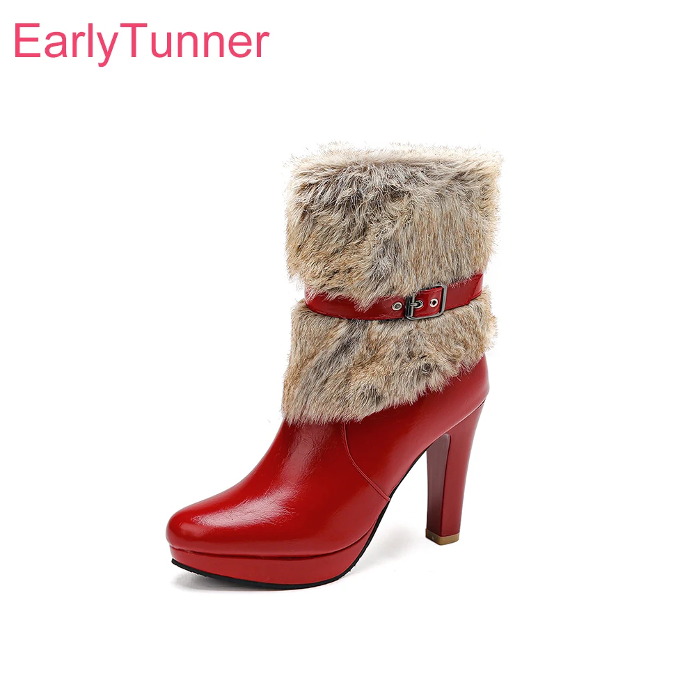 

2025 New Winter Sexy Red White Women Mid Calf Platform Boots Round Toe High Heel Lady Shoes Plus Small Big Size 10 32 43