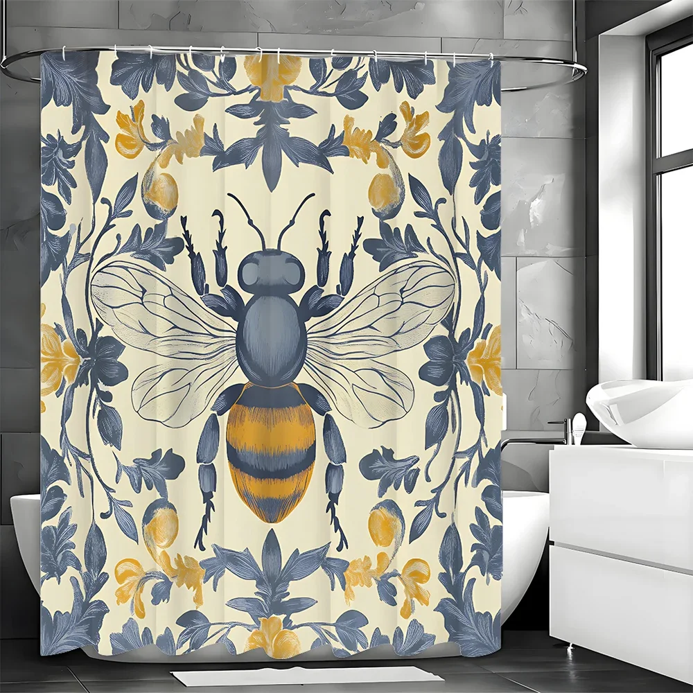 

Bumblebee Bee Floral Shower Curtain, Bathroom Decorative Shower Curtain, Waterproof Shower Curtain with Hooks