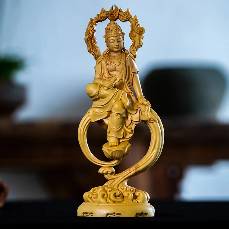 Boxwood 18.5cm Flame Guanyin Sculpture Wood Carving Buddha Statue Peaceful Worship Feng Shui Guan Yin Home Decor