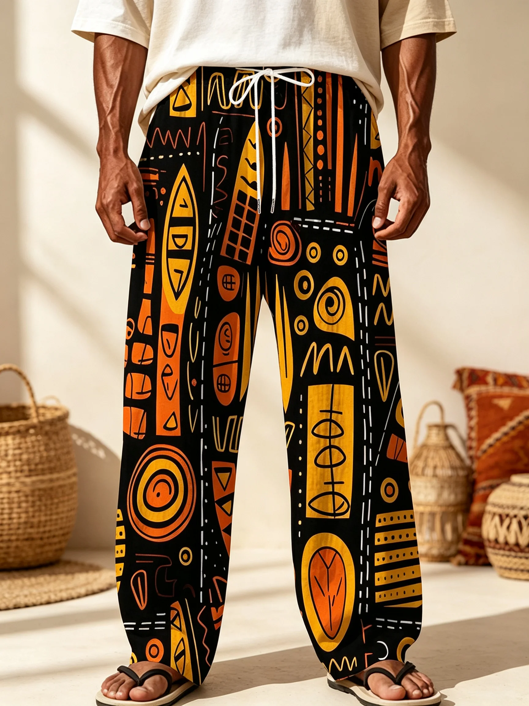 Men African Tribal Geometric Print Wide Leg Pants Drawstring Elastic Waist Casual Loose Long Trousers  Beach Vacation