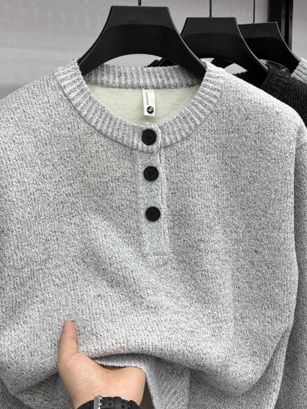 

Thiened Henry Collar Knitted Sweater Men's Autumn Winter Color Casual Top Polyester Fiber Deformable Knitwear