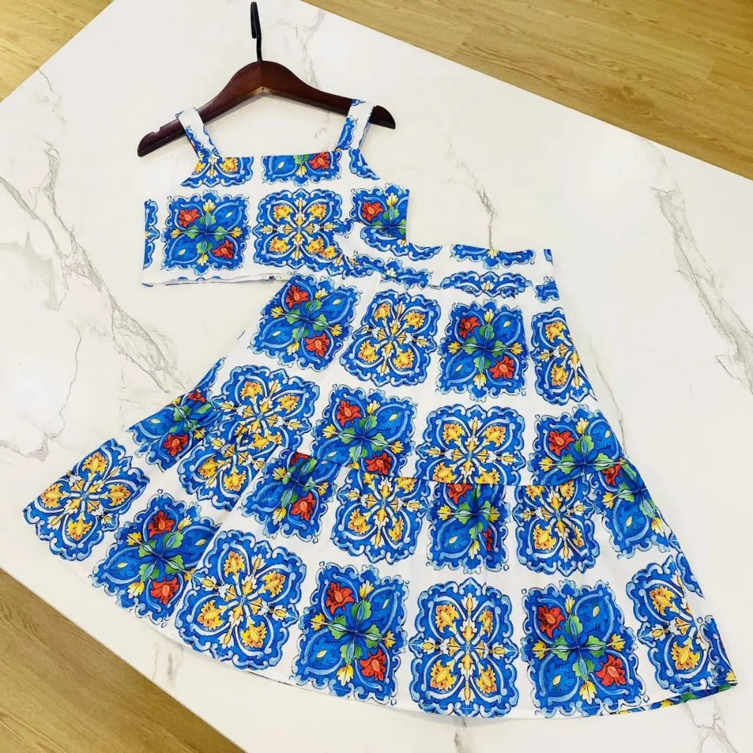 2024 New summer girl clothes set blue flower Printed Girl sling top skirt Two Piece Set brand children clothing wholesale price