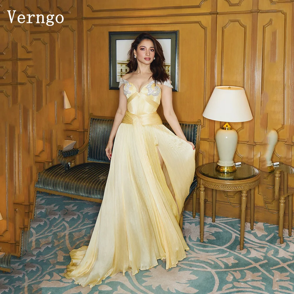

Verngo Yellow Shiny Beading Formal Occasion Dresses Off The Shoulder A Line Prom Gowns Arabia Pleated Evening Dress Customized