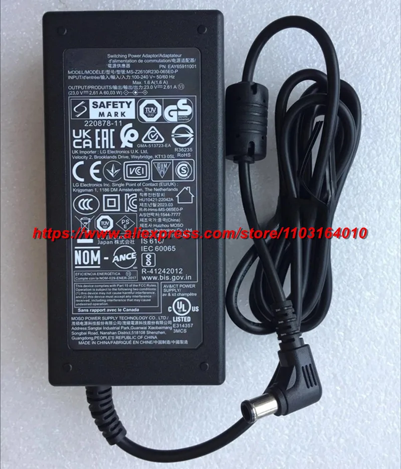 Original oem Switching Power Adaptor Charger for LG SG10TY SC9S 3.1.3ch Wi-Fi Sound Bar EAY65911001 23V 2.61A AC Adapter & Cord