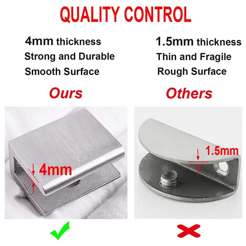 

AB41-8Pcs Adjustable 304 Stainless Steel Glass Shelf Brackets Glass Clip Clamp Support 0.23 - 0.35Inch Brushed Finished