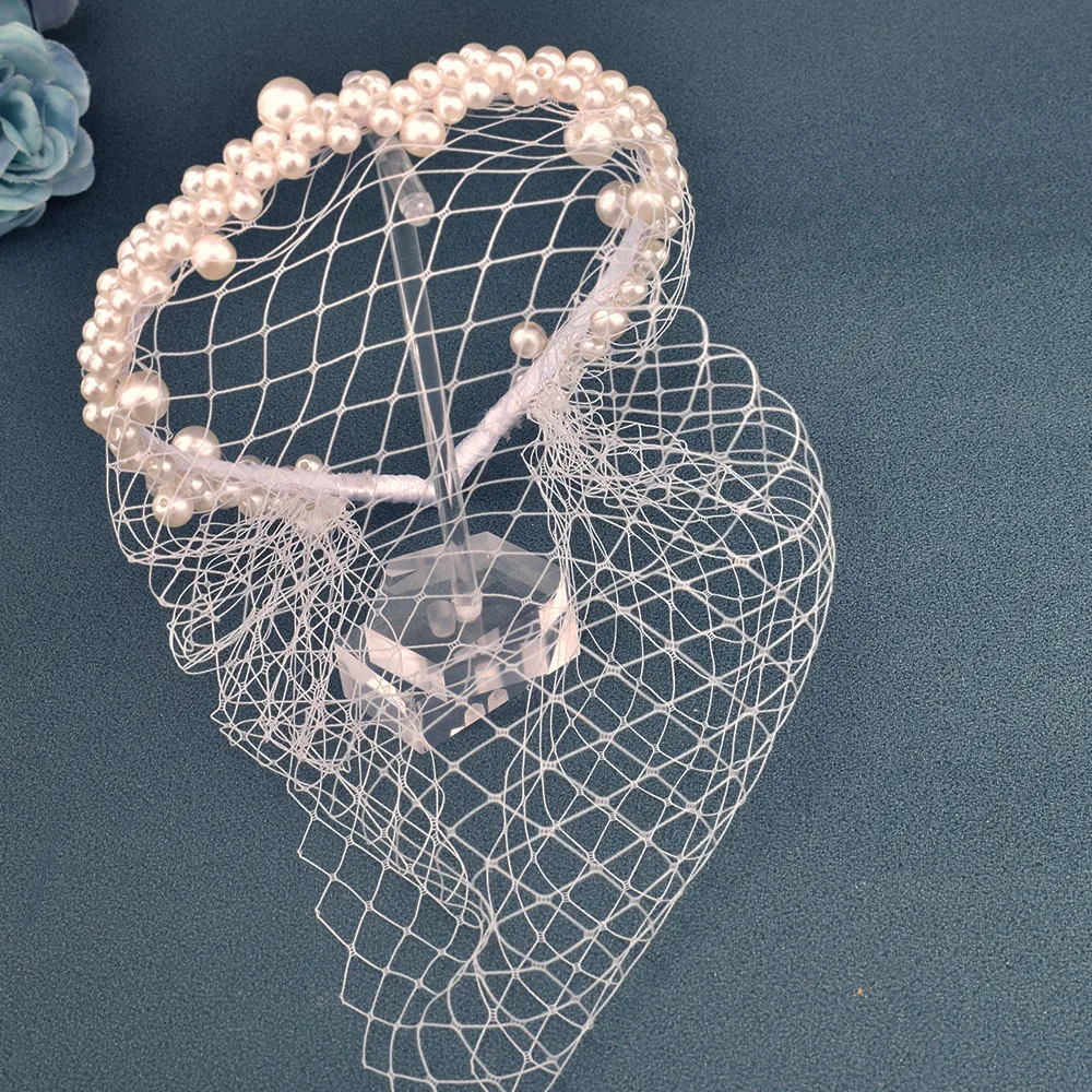 JM26 Tulle Cage Veil with Pearls Wedding Birdcage Veil with Headband Face Cover Bride Headdress Wedding Accessories Mariage