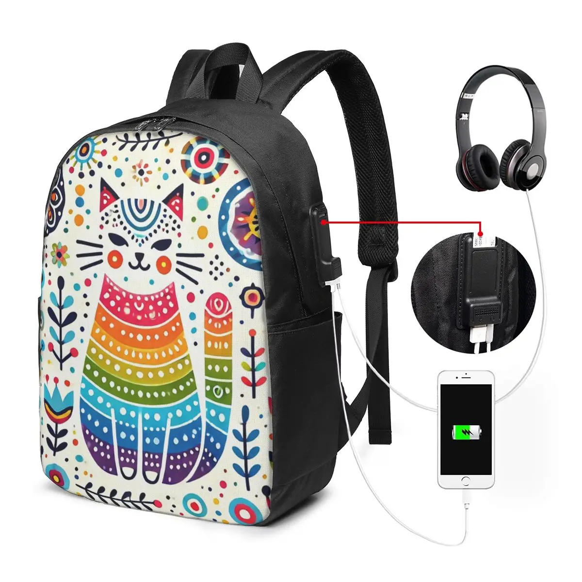 Colorful Cat Folk Art Backpack Travel Notebook Bag Computer College Student School Bag Laptop Shoulder Bags for Men Women