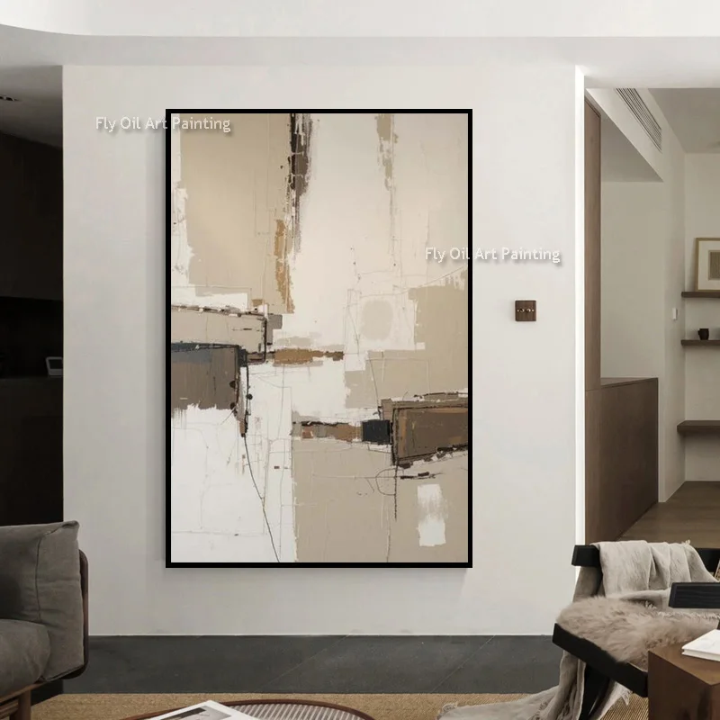 Handmade Geometric Block Abstract Wall Art, Earth Tone Brush Stroke Oil Painting Minimalist Modern Living Room Decor