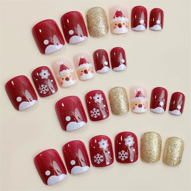 24 Pcs Short Press Christmas Fake Nails Snowflake Santa Hat Full Cover Glue On Nails Square Shape Acrylic Cute Nails for Women