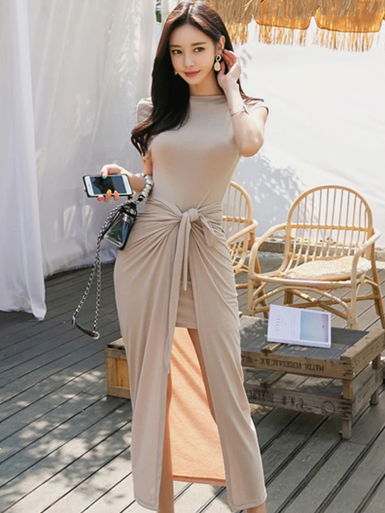 

Women's Clothing Fashion Sexy Thin Short Sleeved Mini Dress Set Wrap Lace Up Maxi Skirt Casual 2 Piece Outfits Holiday Beach