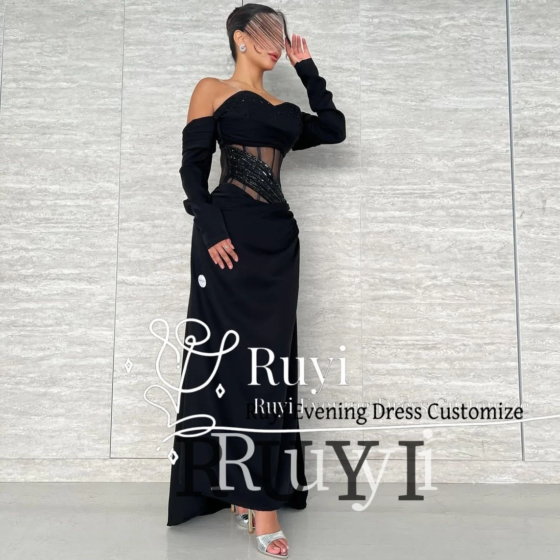 

Customized Black Long Sleeves Waist See Through Beads Evening Dress 2025 Women Wedding Elegant Party Dress Sweetheart Prom Gown