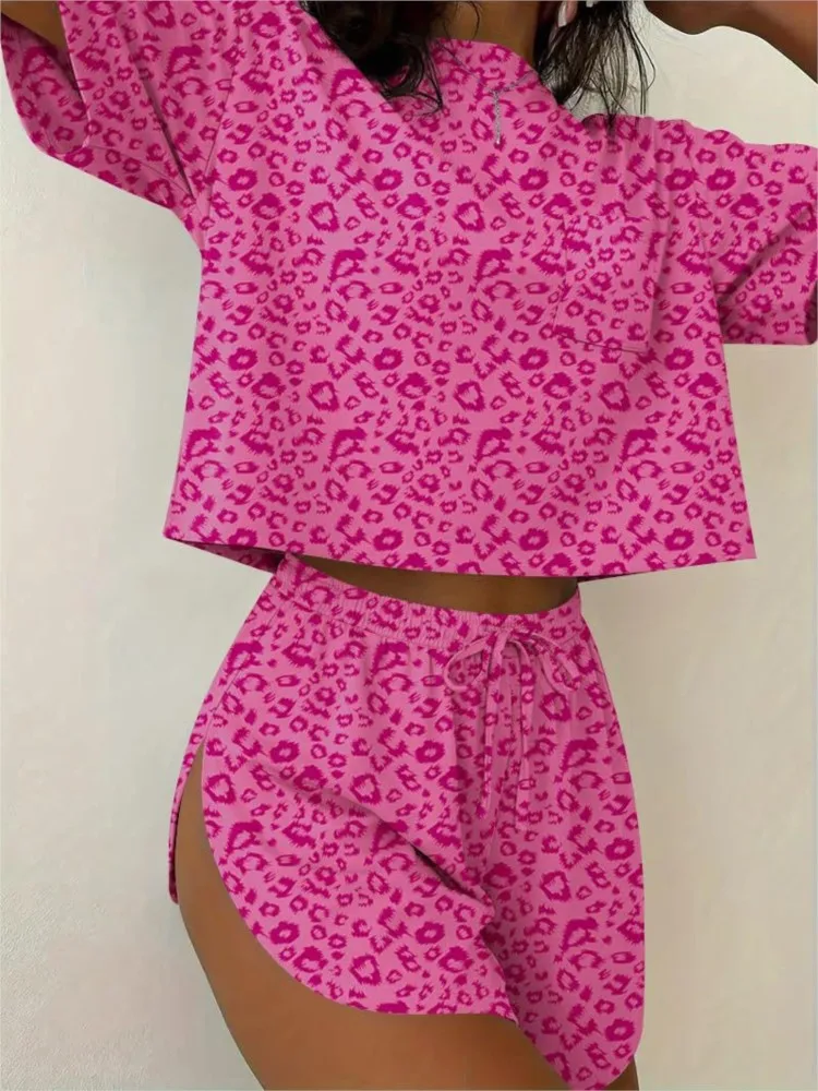Y2K Printed 2-piece Comfortable Women's Top + Drawstring High Slit Shorts Home Wear Set Casual Comfortable Daily Two-pieces Set