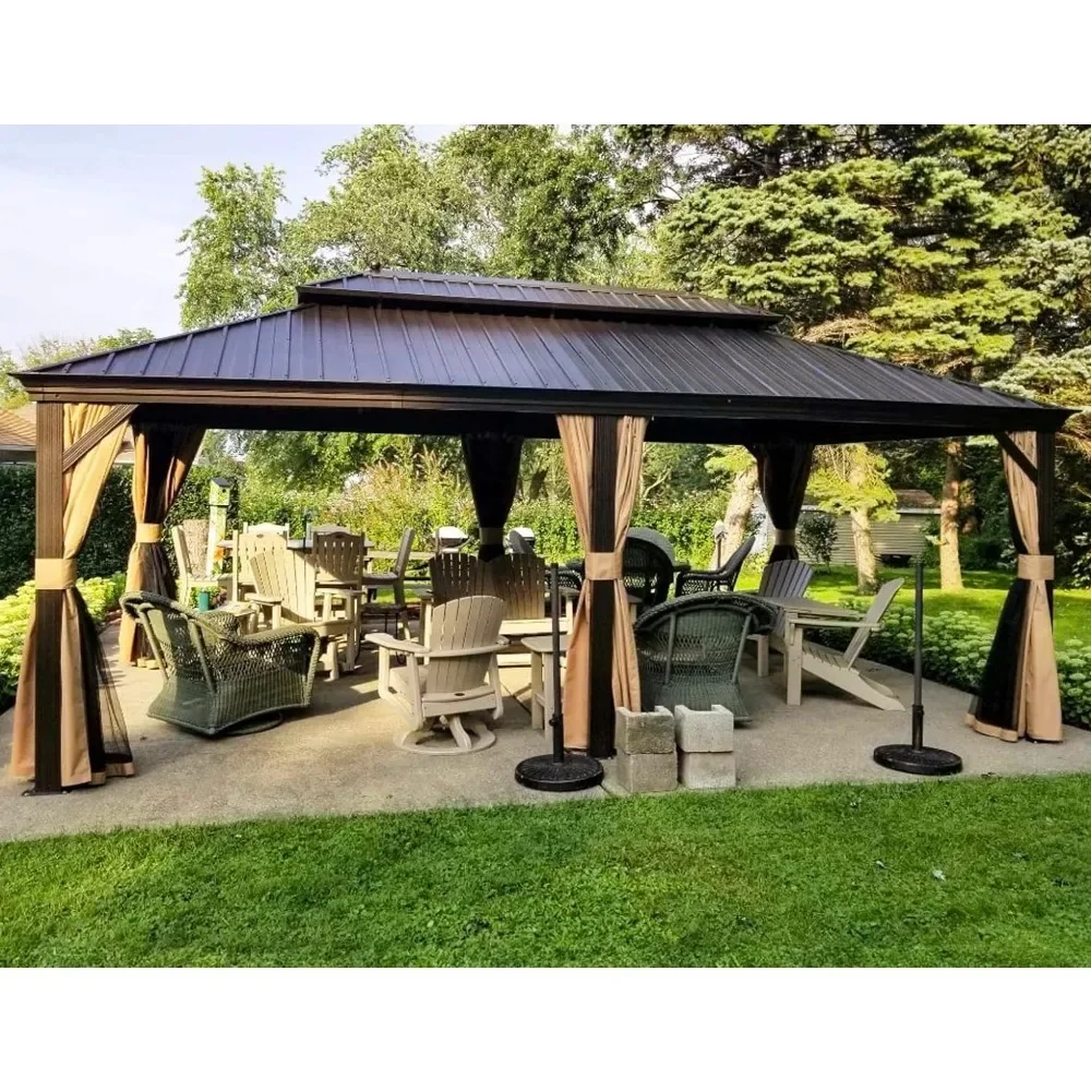 

12' X 20' Outdoor Hardtop Galvanized Steel Gazebo Double Roof Canopy Aluminum Frame Garden Pavilion with Netting and Curtains