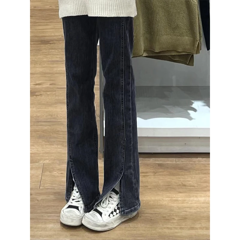 

Split Jeans Women Bandage High Waist Spliced Denim Pants Zipper Fly Flare Skinny Trousers Y2k Pantalon Femme Streetwear E110