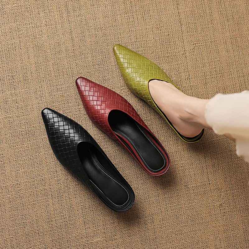 2026 new summer women sandals natural leather 22-25cm cowhide+sheepskin pointed toe plaid mules high heel women slippers fashion