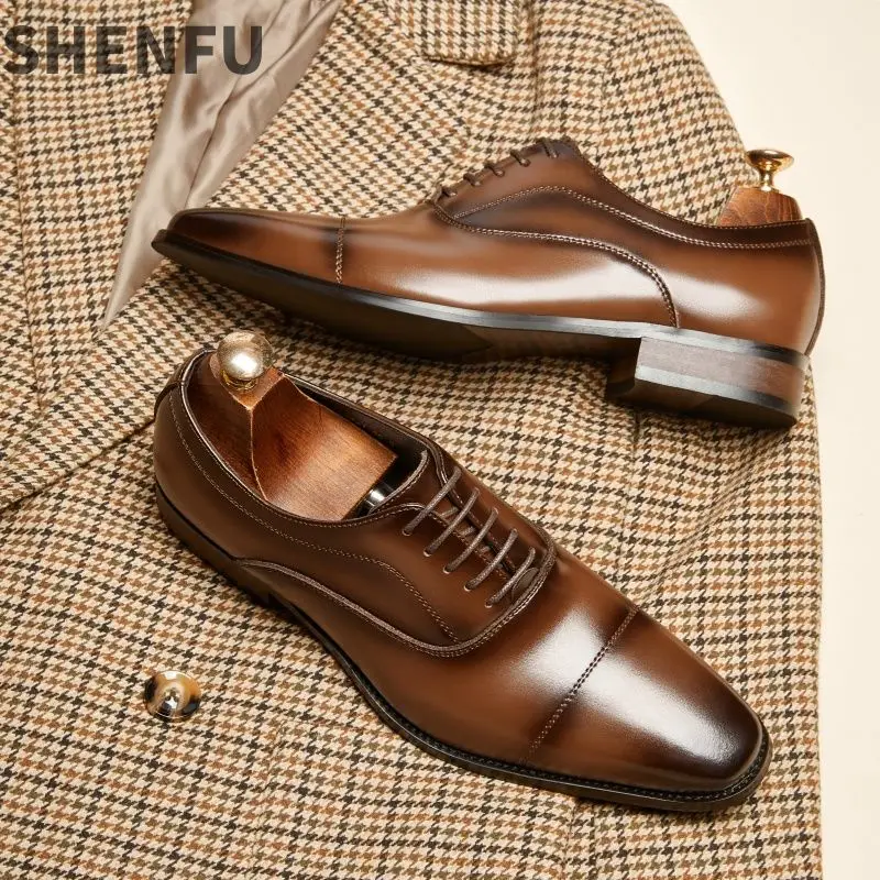 

2025 Men's Three-Link Genuine Leather Cowhide Business Formal British Carved Oxford Derby Shoes